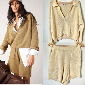 Free People Beach Carter Sweater Set Beige Polo Knit Sweater and Shorts Size XS